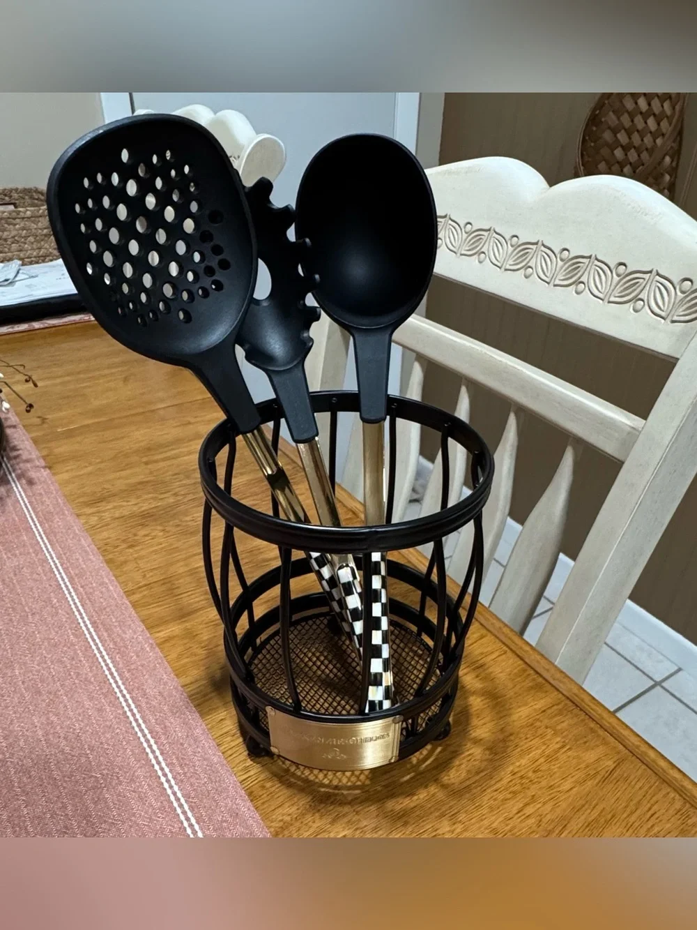 MacKenzie-Childs set of 3 Black and Gold Kitchen Utensil Set with Holder